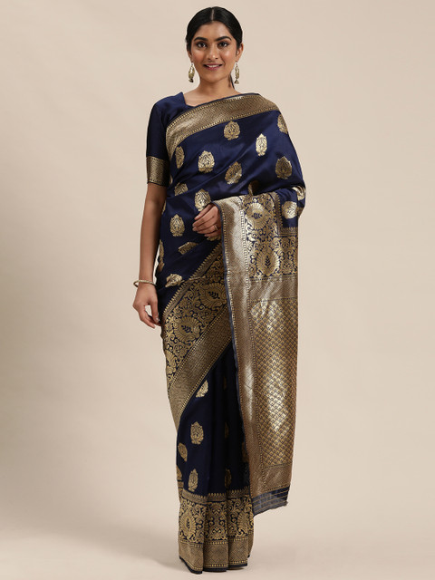 

Mitera Navy Blue & Golden Silk Blend Woven Design Celebrity Kanjeevaram Zari Saree