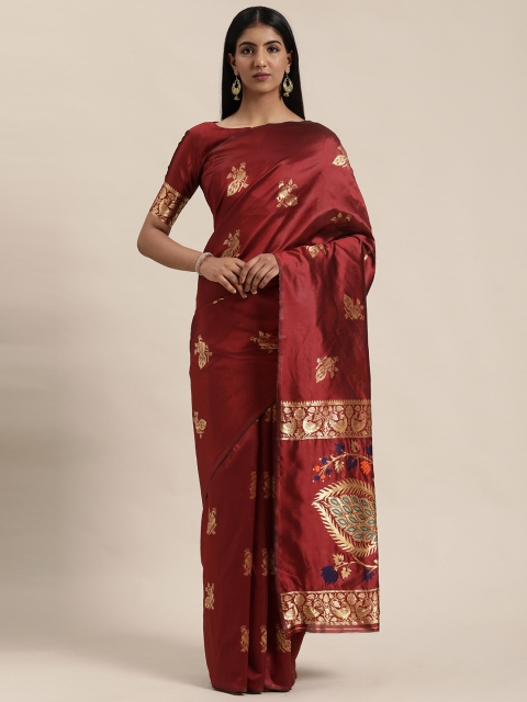 

Mitera Maroon & Gold-Toned Active Woven Design Banarasi Saree