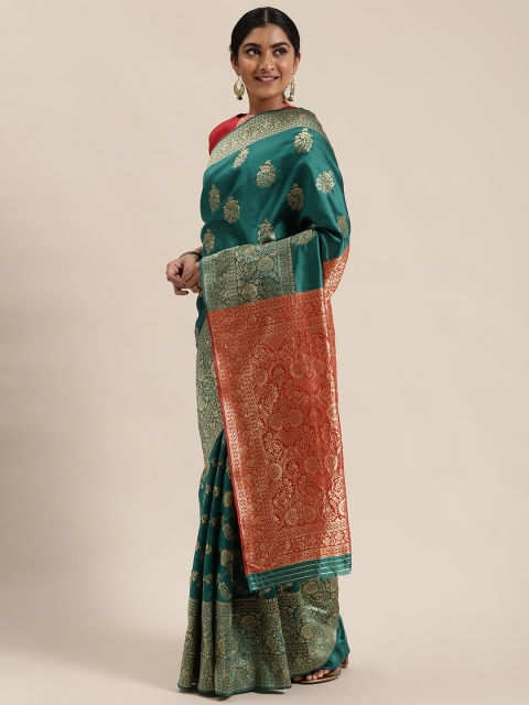 

Mitera Green & Golden Silk Blend Woven Design Celebrity Banarasi Zari Saree