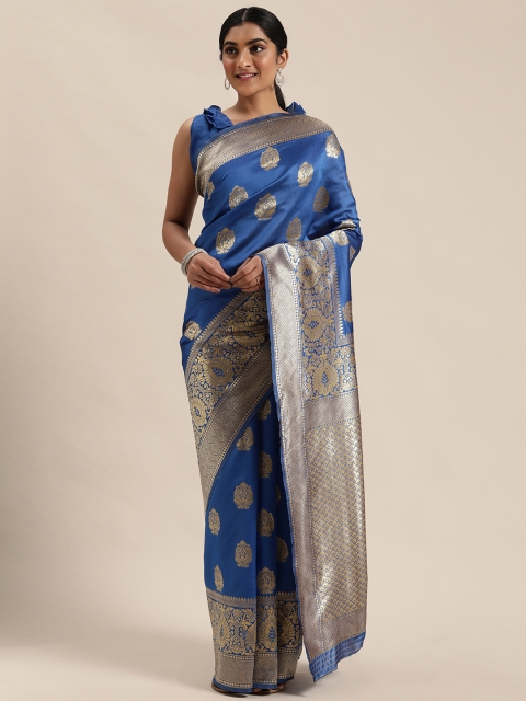 

Mitera Blue & Silver-Toned Silk Blend Woven Design Kanjeevaram Saree