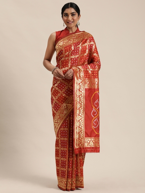 

Mitera Red & Gold-Toned Woven Design Bandhani Saree
