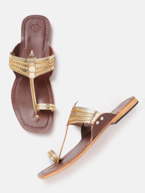 

House of Pataudi Women Gold-Toned Woven Design Handcrafted One Toe Flats