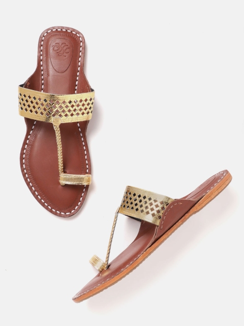 

House of Pataudi Women Gold-Toned Laser Cut Handcrafted Textured One Toe Flats