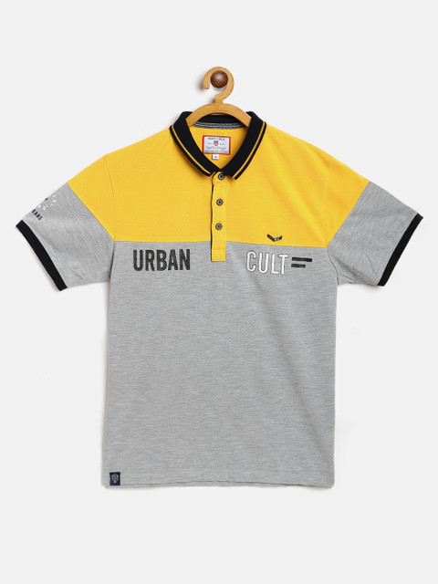 

Monte Carlo Boys Grey Melange & Mustard Yellow Colourblocked Cotton Polo Collar T-shirt