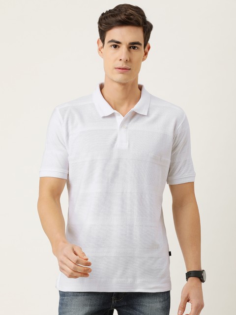 

Peter England Men White Striped Polo Collar T-shirt