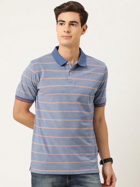 

Peter England Men Blue & Orange Striped Polo Collar T-shirt