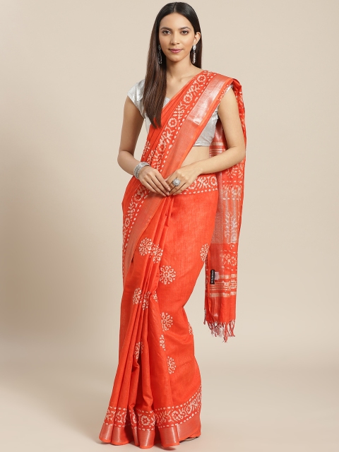 

Nakshi Coral Orange & White Pure Cotton Batik Print Zari Handloom Saree