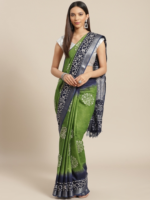 

Nakshi Green & Blue Pure Cotton Batik Printed Zari Handloom Saree