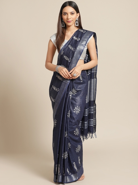 

Nakshi Navy Blue & Silver Pure Cotton Batik Printed Handloom Saree
