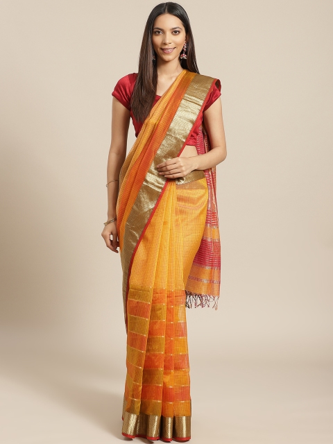 

Nakshi Mustard Yellow & Orange Pure Cotton Checked Maheshwari Handloom Saree