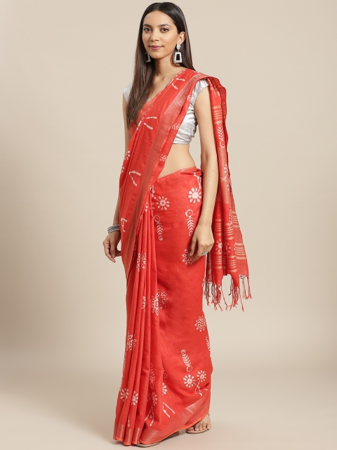 

Nakshi Coral & White Pure Cotton Batik Printed Handloom Saree