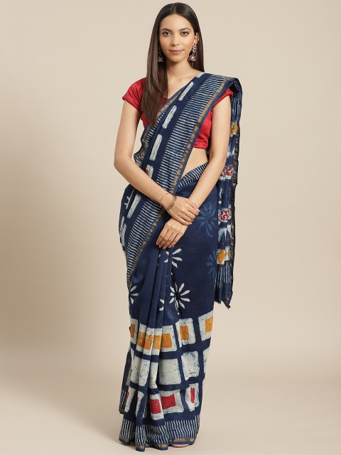 

Nakshi Navy Blue & Orange Batik Printed Handloom Saree