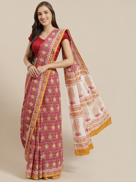 

Nakshi Red & Mustard Yellow Pure Cotton Printed Handloom Saree