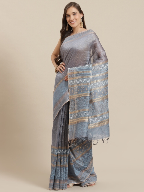 

Nakshi Blue & Gold-Toned Pure Linen Printed Block Print Handloom Saree