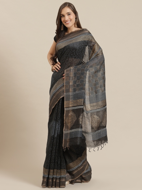 

Nakshi Black & Golden Pure Linen Printed Block Print Handloom Saree