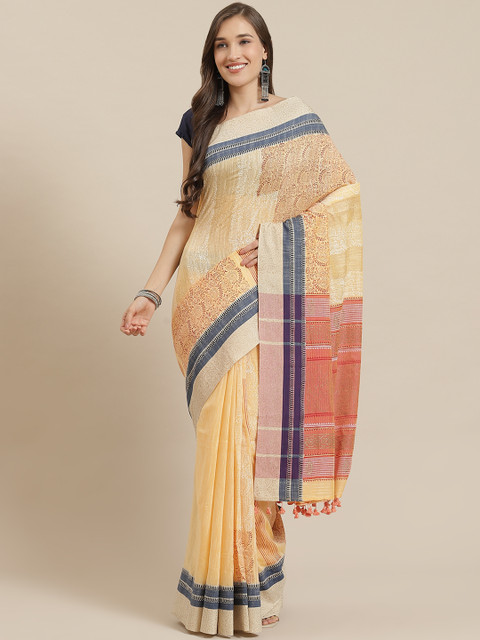 

Nakshi Yellow & Peach-Coloured Pure Cotton Printed Block Print Handloom Saree