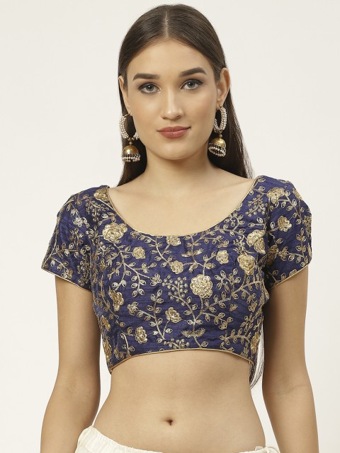 

Studio Shringaar Women Navy Blue & Golden Embroidered Saree Blouse With Sequins