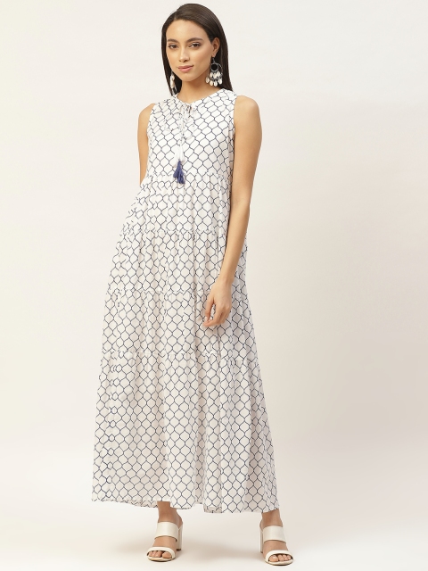

Shae by SASSAFRAS Women White & Navy Blue Cotton Printed Tiered Maxi Dress