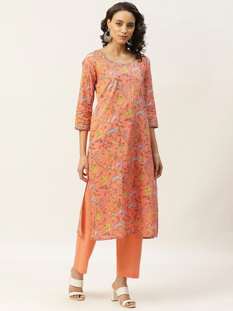 

Shae by SASSAFRAS Women Peach-Coloured & White Printed Pure Cotton Kurta with Trousers