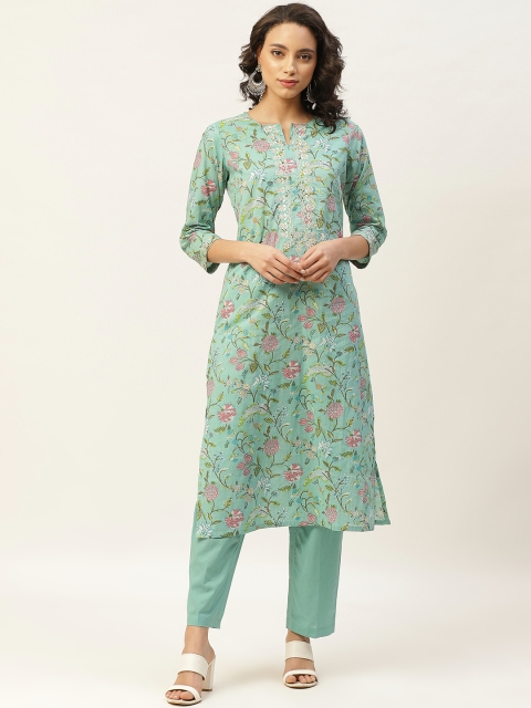 

Shae by SASSAFRAS Women Green & Pink Cotton Printed Kurta with Trousers