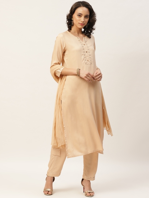 

Shae by SASSAFRAS Women Beige Liva Zari Yoke Embroidered Kurta with Trousers & Dupatta