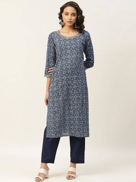 

Shae by SASSAFRAS Women Navy Blue & White Printed Pure Cotton Kurta with Trousers