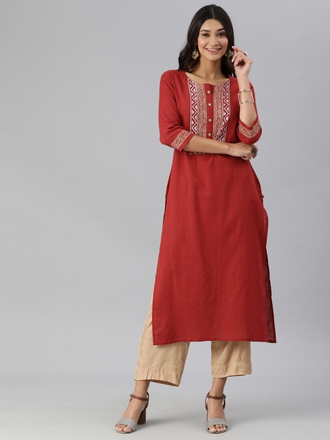 

KSUT Women Red & White Geometric Yoke Design Block Print Kurta