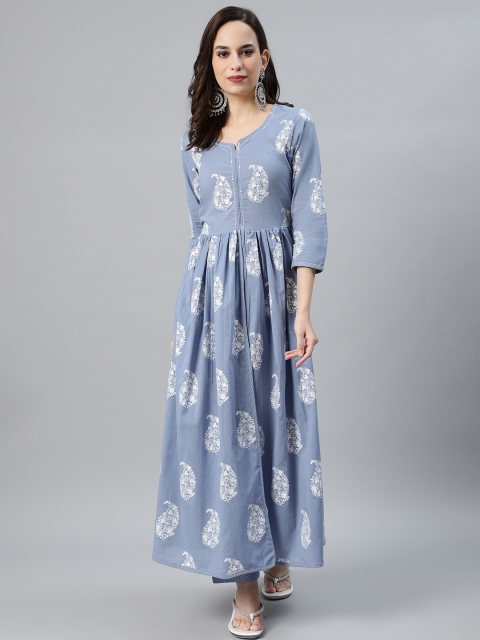 

Anubhutee Women Blue & Off-White Khari Print High-Slit Kurta with Palazzos