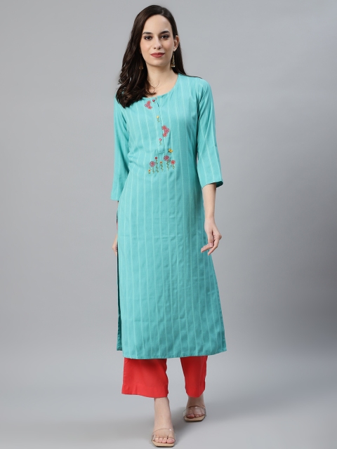 

Anubhutee Women Turquoise Blue & Red Self-Striped Kurta with Palazzos