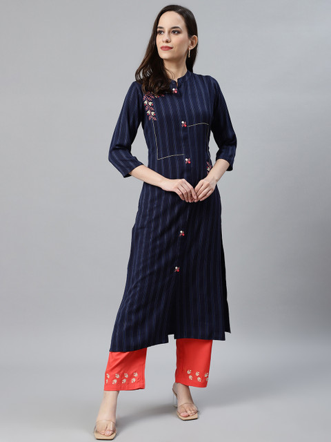 

Anubhutee Women Navy Blue & Coral Pink Striped Kurta with Palazzos
