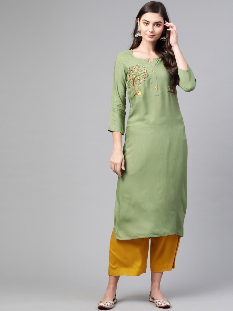 

Anubhutee Women Olive Green & Mustard Yellow Striped Kurta with Palazzos