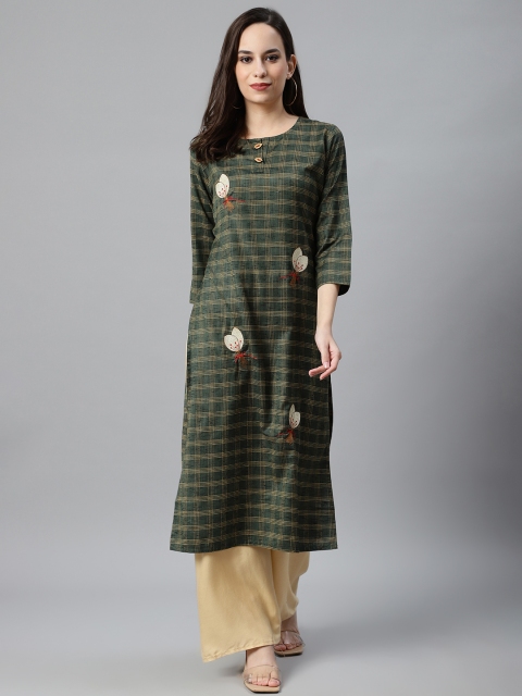 

Anubhutee Women Green & Yellow Checked Thread Work Kurta