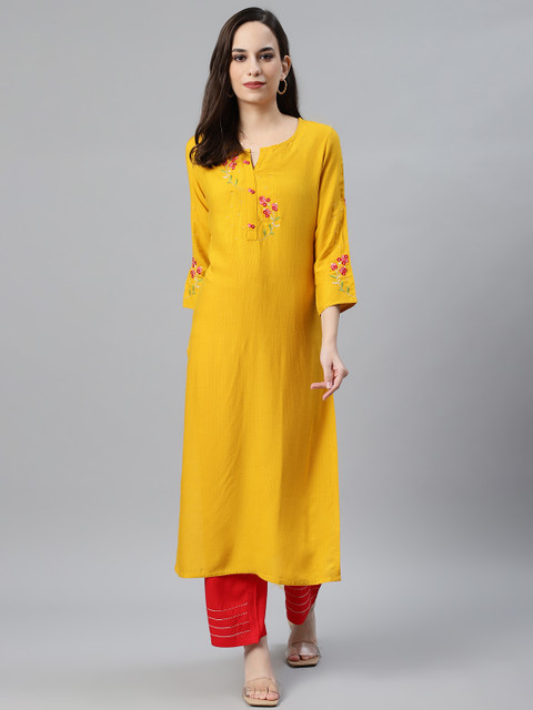 

Anubhutee Women Mustard Yellow & Red Self-Striped Kurta with Palazzos