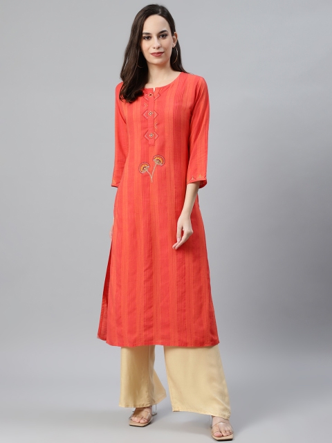 

Anubhutee Women Coral Orange Striped Thread Work Kurta