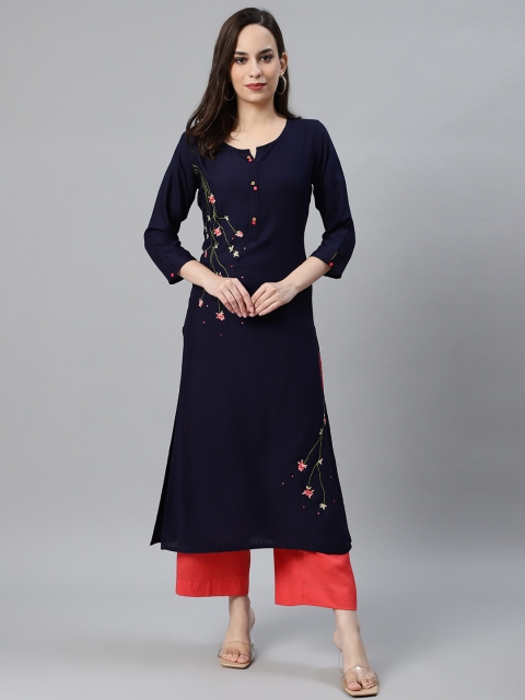 

Anubhutee Women Navy Blue & Coral Pink Solid Kurta with Palazzos