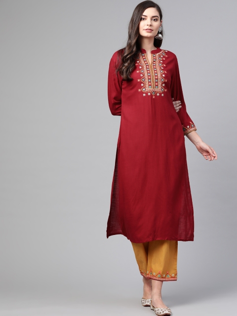 

Anubhutee Women Maroon & Mustard Yellow Embroidered Yoke Design Kurta with Palazzos
