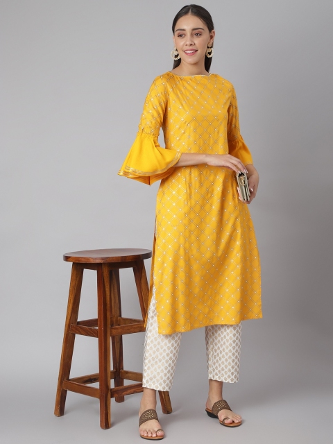 

Khushal K Women Yellow Bell Sleeved Handloom Kurta with Trousers