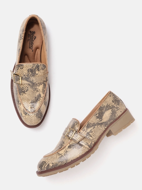 

The Roadster Lifestyle Co Women Beige & Black Snakeskin Textured Loafers with Buckle Detail