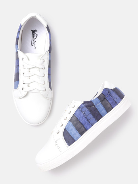 

The Roadster Lifestyle Co Women White & Blue Striped & Croc Print Sneakers
