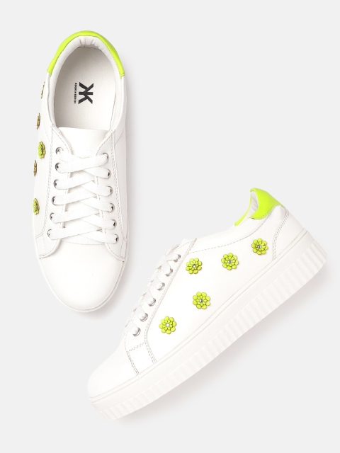 

Kook N Keech Women White & Fluorescent Green Floral Applique Flatform Sneakers