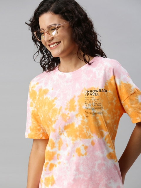 

Mast & Harbour Women Pink & Mustard Yellow Tie and Dye Dyed Drop-Shoulder Sleeves T-shirt