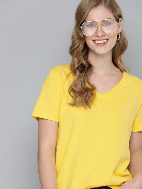 

Mast & Harbour Women Yellow Self Design V-Neck T-shirt