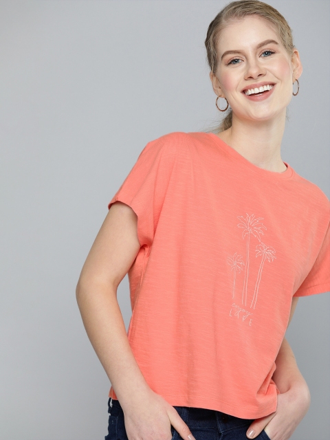 

Mast Harbour Women Coral Pink Printed Round Neck Pure Cotton T-shirt