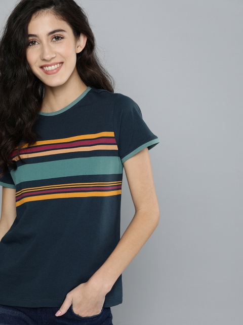 

Mast & Harbour Women Green Striped Round Neck T-shirt