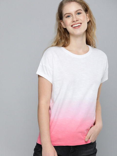 

Mast & Harbour Women White & Pink Ombre Dyed Round Neck Pure Cotton T-shirt