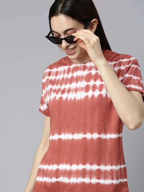 

Mast & Harbour Women Copper & White Striped Extended Sleeves Pure Cotton T-shirt