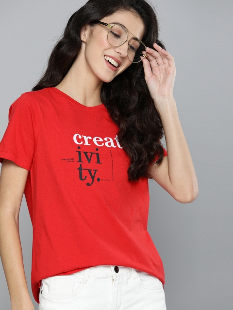 

Mast Harbour Women Red Regular Fit Printed Round Neck Pure Cotton T-shirt