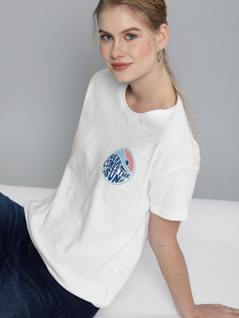 

Mast & Harbour Women White Solid Round Neck T-shirt with Printed Detail