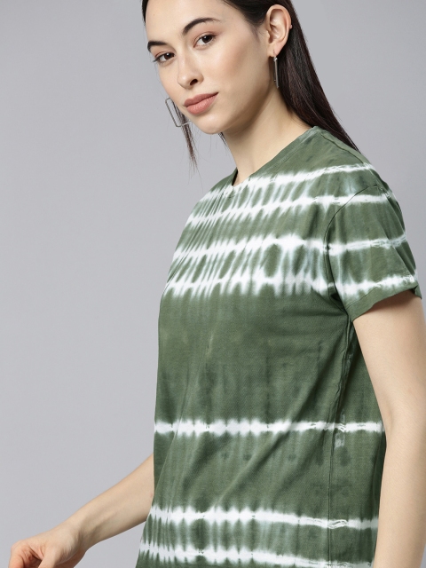 

Mast & Harbour Women Green & White Relaxed Tie and Dye Dyed Drop-Shoulder Sleeves T-shirt