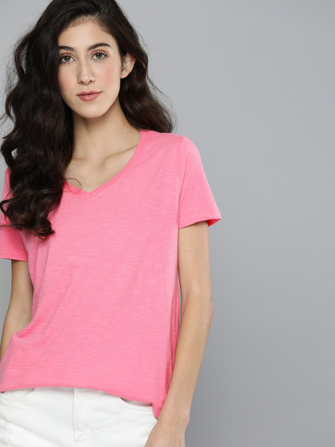 

Mast & Harbour Women Pink Regular Fit Solid V-Neck T-shirt